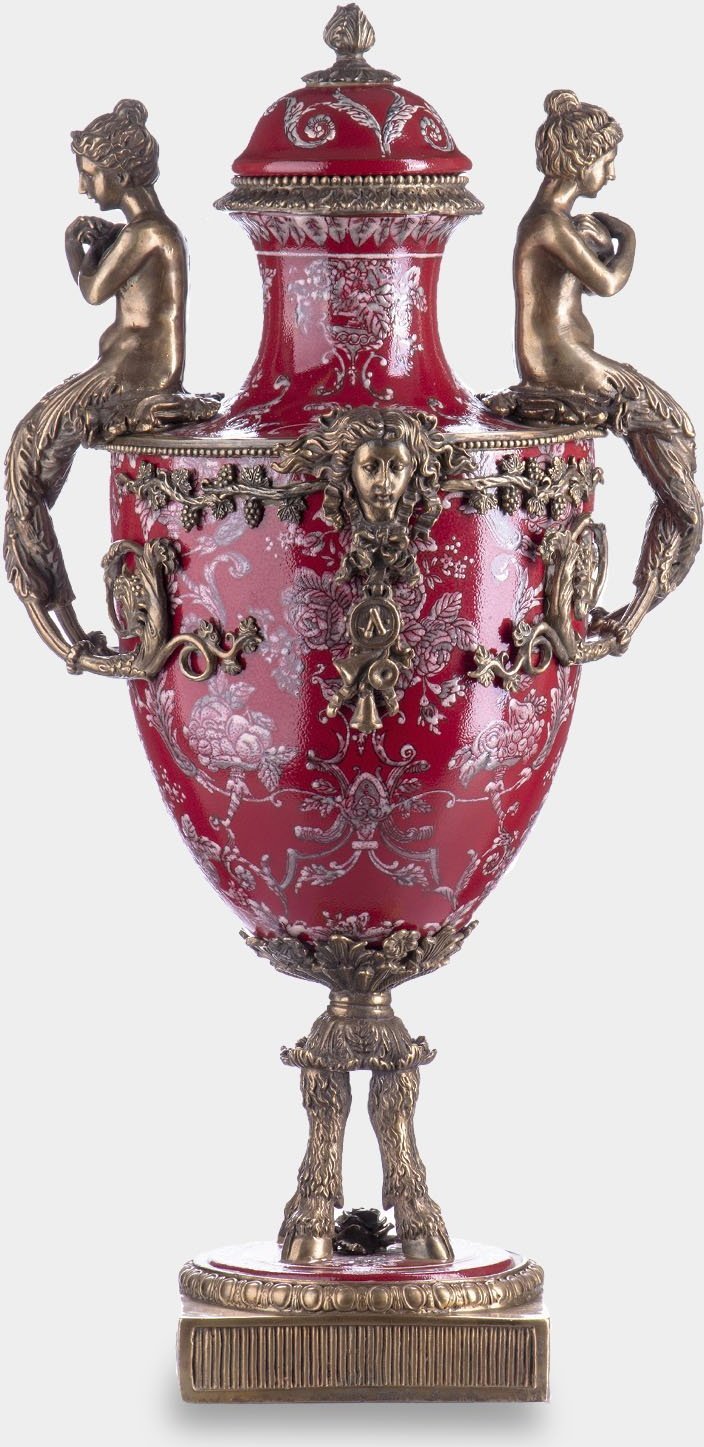 rzezbyzbrazu Porcelanowa Amfora Okuta Brązem Bachanalia Czerwona