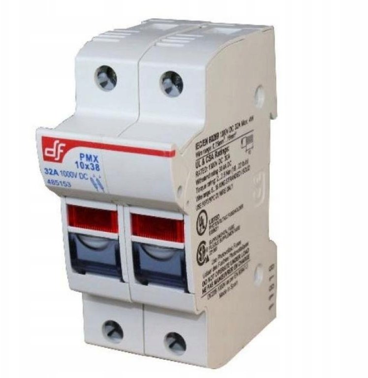 Rozłącznik, podstawa bezpiecznikowa PMX 2P do bezpieczników 10x38 , 1000V DC, 32A, dla instalacji PV z sygnalizacją 485153