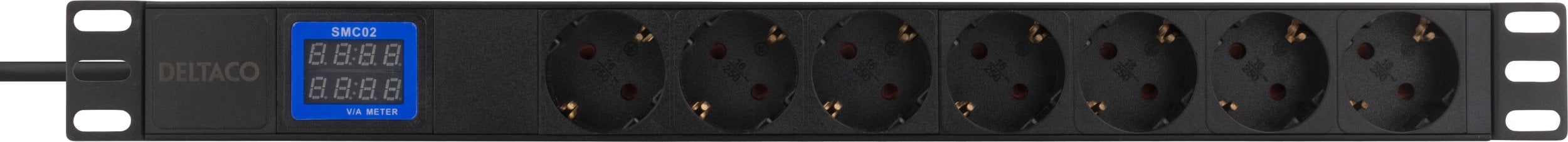 Deltaco 7-vietų 19" galios paskirstymo įtaisas, 2500W, CEE 7/3, skaitmeninis voltų / amperų skaitiklis DELTACO juoda / GT-8638