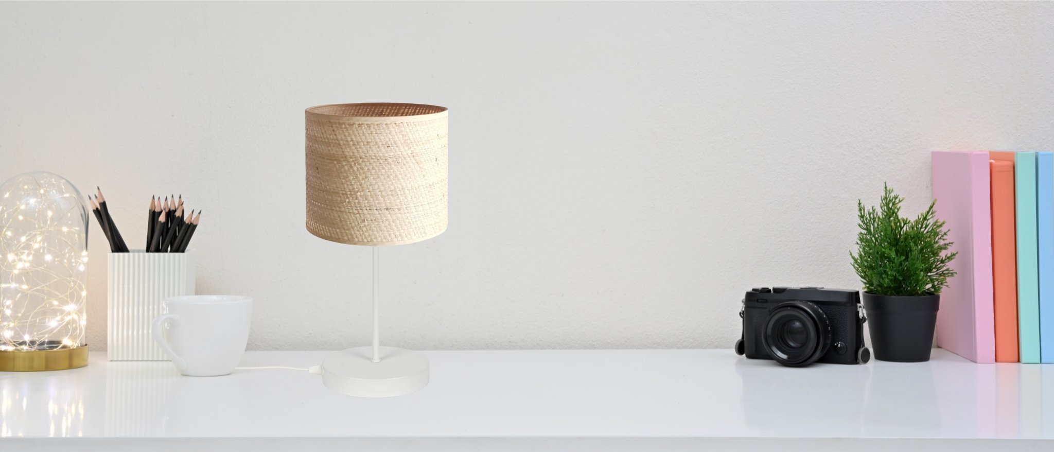 Lampa stołowa Solar Lampka nocna gabinetowa BOHO rattan biała