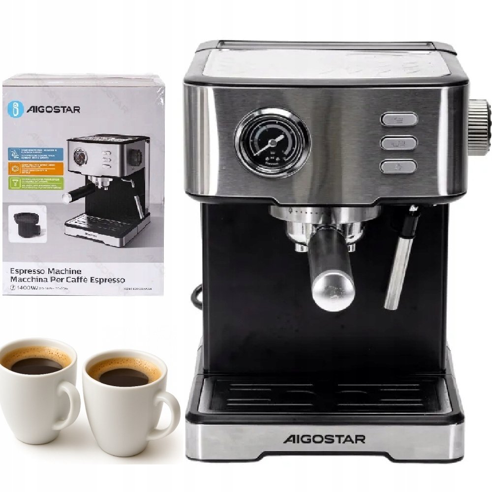 Ekspres ciśnieniowy Aigostar Ekspres Do Kawy Ciśnieniowy 1400W Kolbowy 20 Bar 1,7 L Stalowy