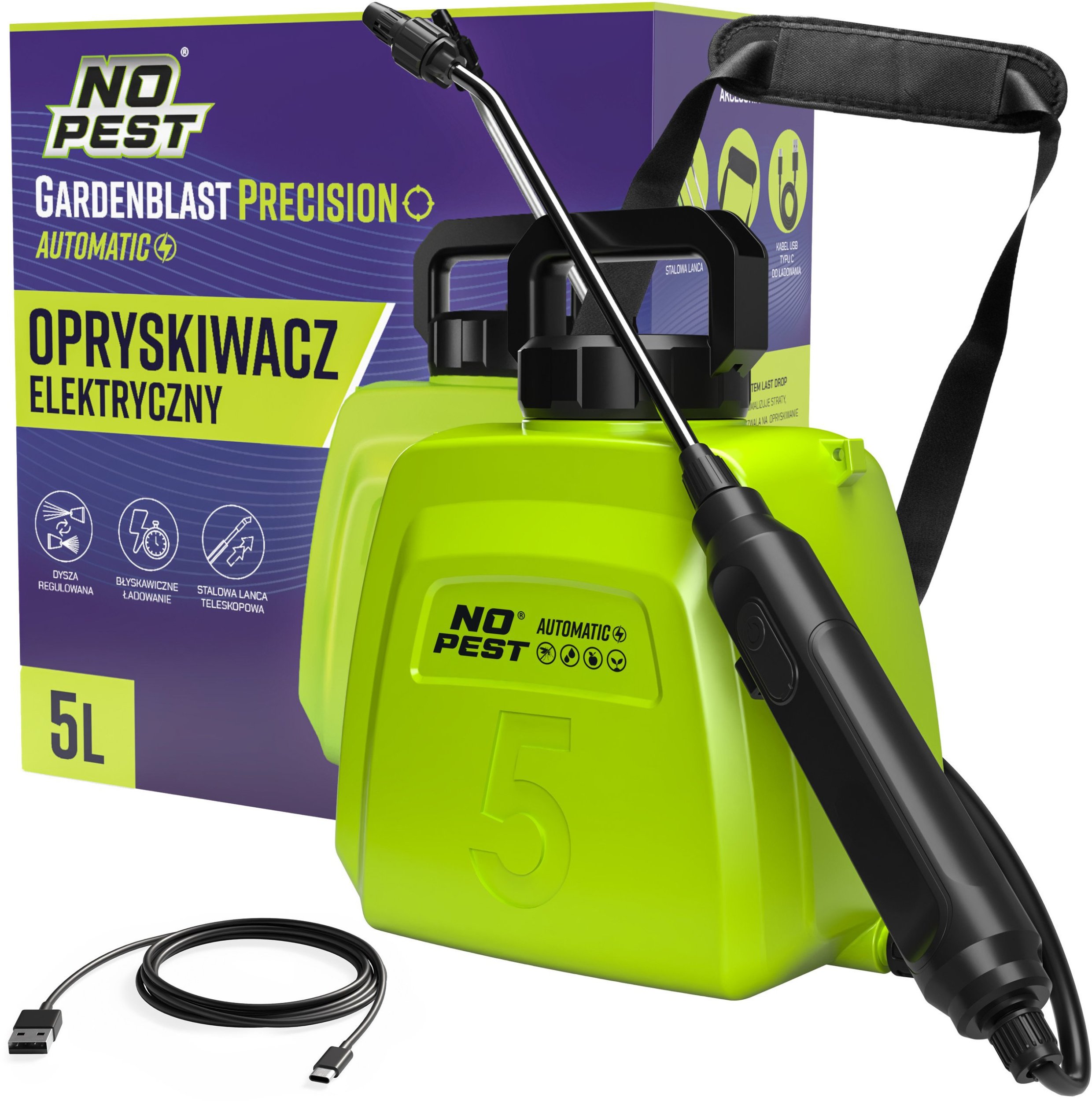 Opryskiwacz Elektryczny Automatyczny Ciśnieniowy 5L ze Stalową Lancą i Regulowaną Dyszą Spryskiwacz do Oprysków "Gardenblast Precision"
