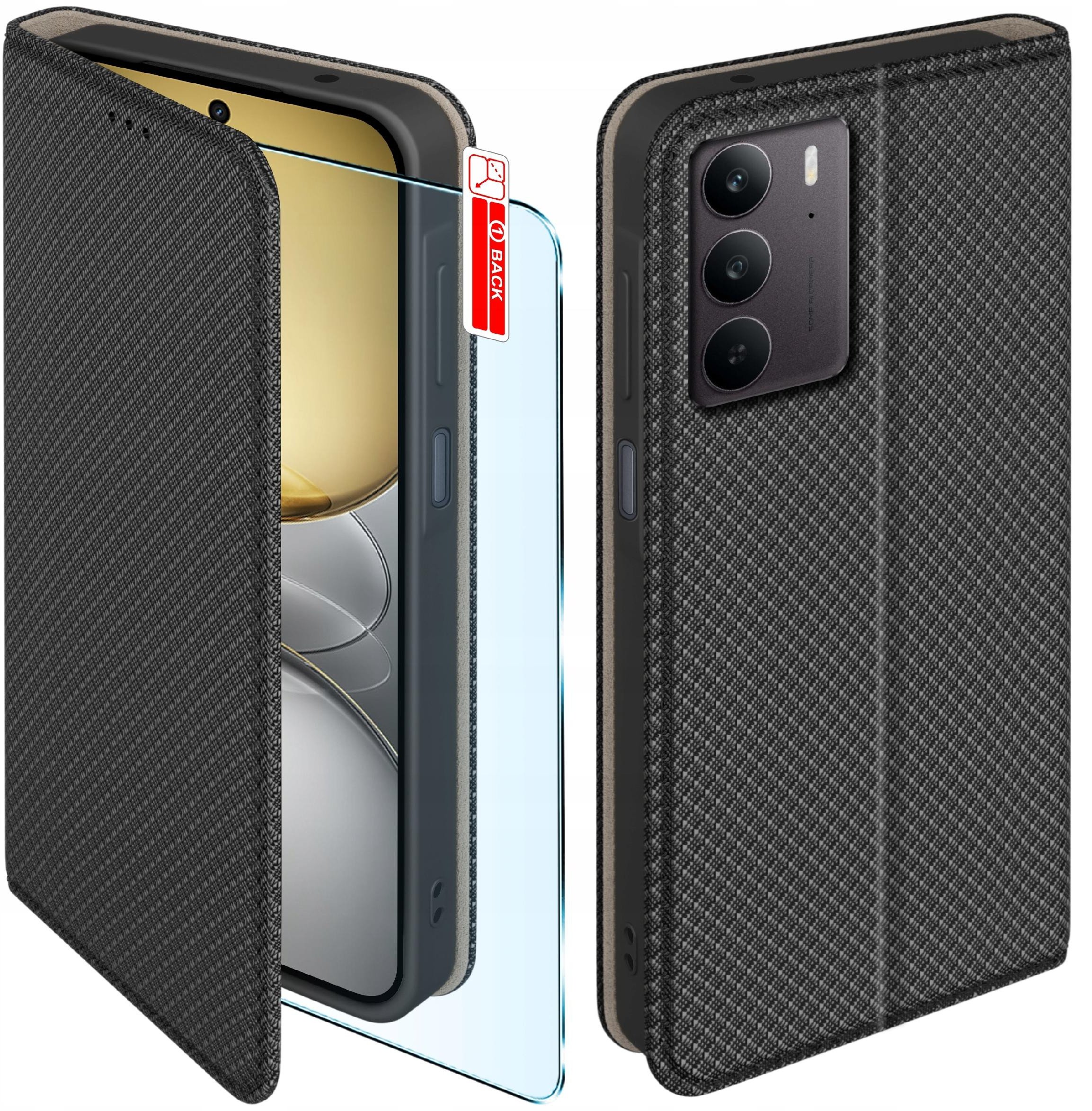 Etui z klapką do Realme C75 Zamykane Czarne Futerał + Szkło 9H