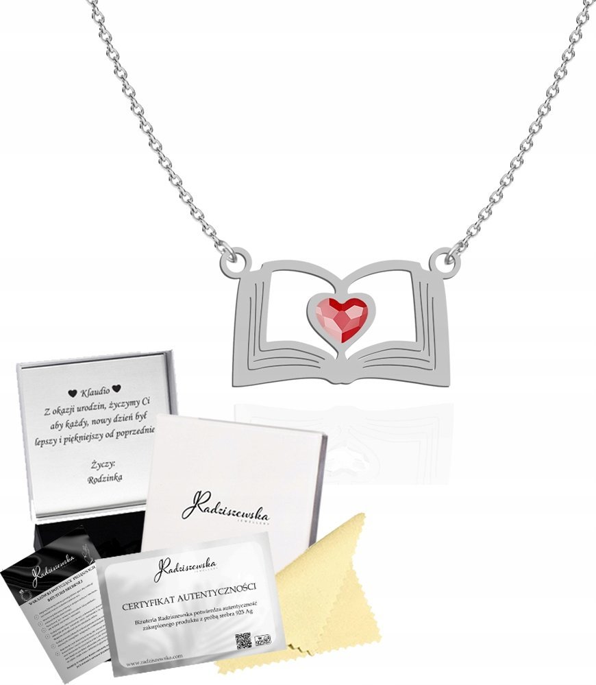 Radziszewska Jewellery Naszyjnik Damski Książka SREBRO 925 Łańcuszek Biżuteria Prezent ŻYCZENIA