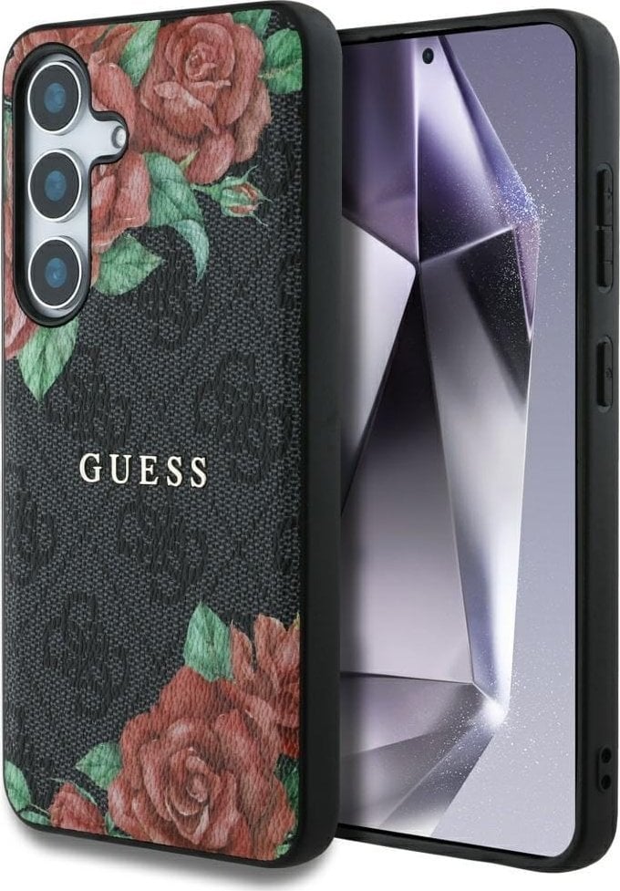 Guess Leather 4G Flowers Print Metal Classic Logo MagSafe Samsung Galaxy S25 case black