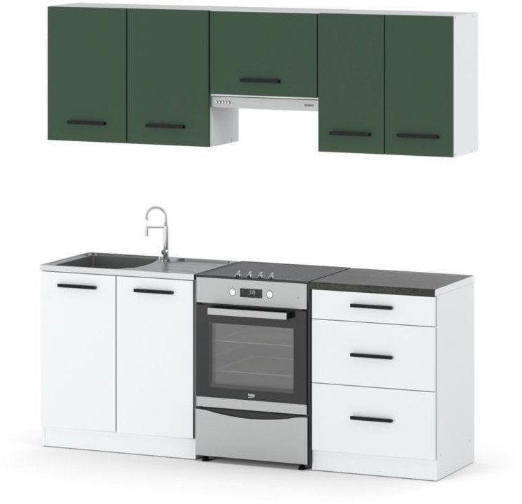 Kuchnia Pojemna Modułowa Nowoczesna Mała 2.0m Biała Butelkowa Zieleń Biały