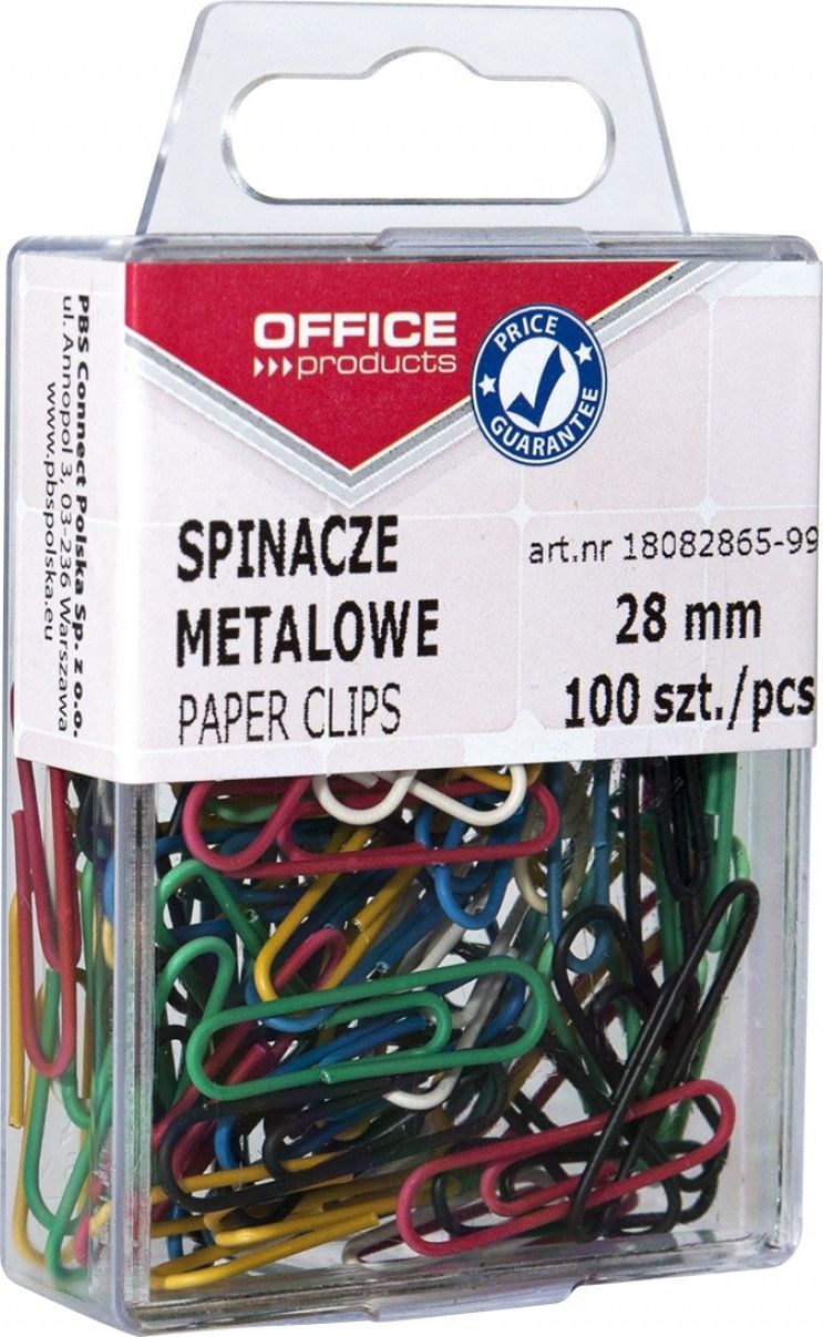 Office Products Spinacze kolorowe, powlekane, 28mm, w pudełku, 100 szt., mix kolorów