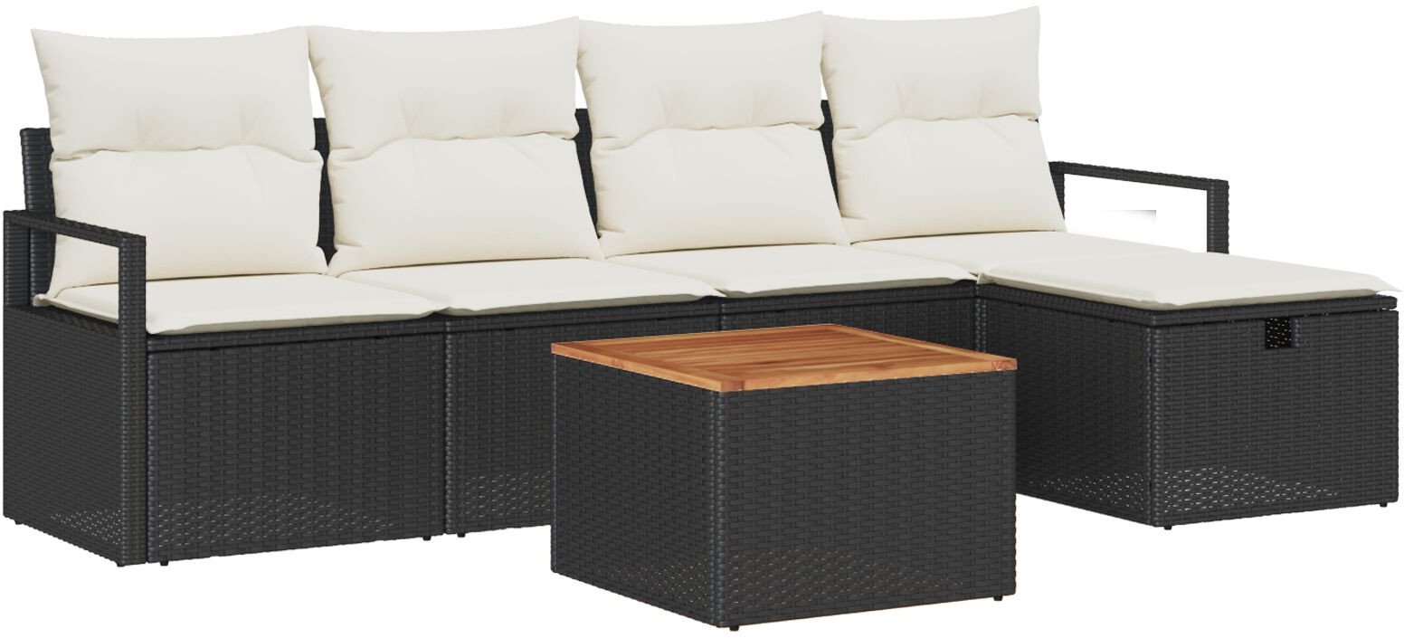 Zestaw 6-częściowy sofy ogrodowej z poduszkami Czarny Polirattan, Zestaw 2-osobowy sofa ogrodowa z przechowalnią i poduszkami Czarny Polirattan
