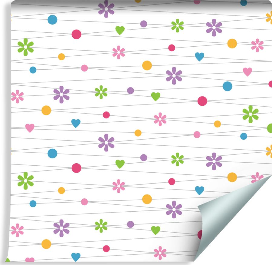 Muralo Tapeta Dla Dzieci - Kolorowe Kwiatki, Serduszka i Kropki