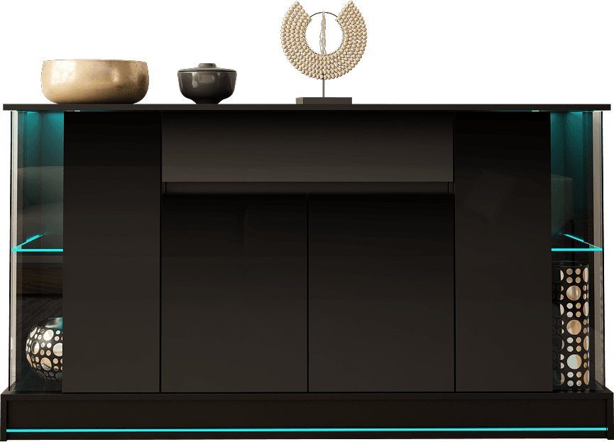 MEGSTYL KOMODA 155CM Z LISTWĄ LED - EFECTO 2 Czarny mat - Czarny połysk