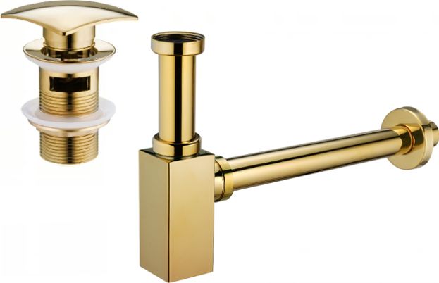 Syfon Mexen Mexen półsyfon umywalkowy kwadratowy z korkiem klik-klak, z przelewem, złoty - 7992660-50