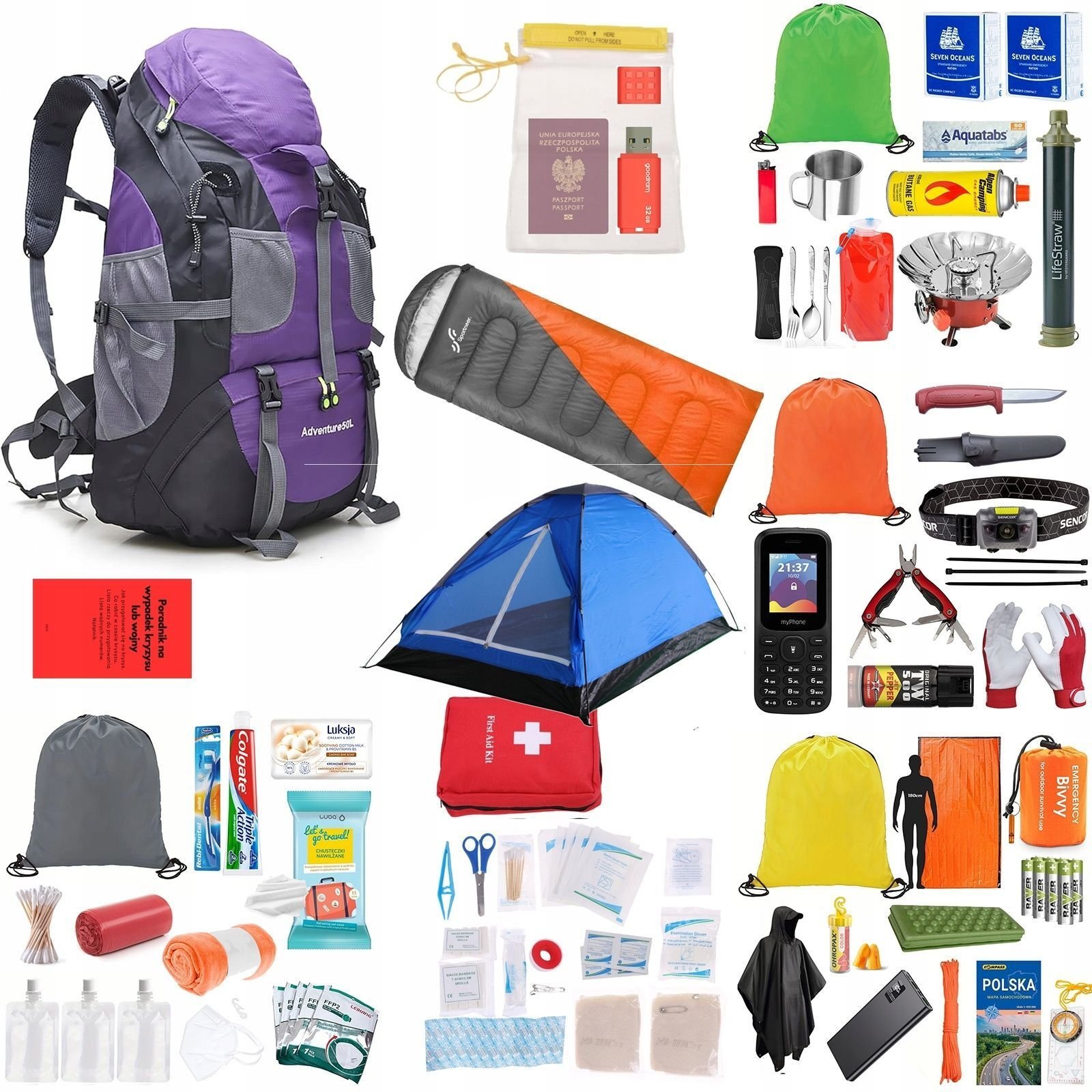 Plecak turystyczny vidaXL Plecak Ewakuacyjny Z Wyposażeniem Zestaw Wszystko Co Potrzeba Readypack X2 Fioletowy