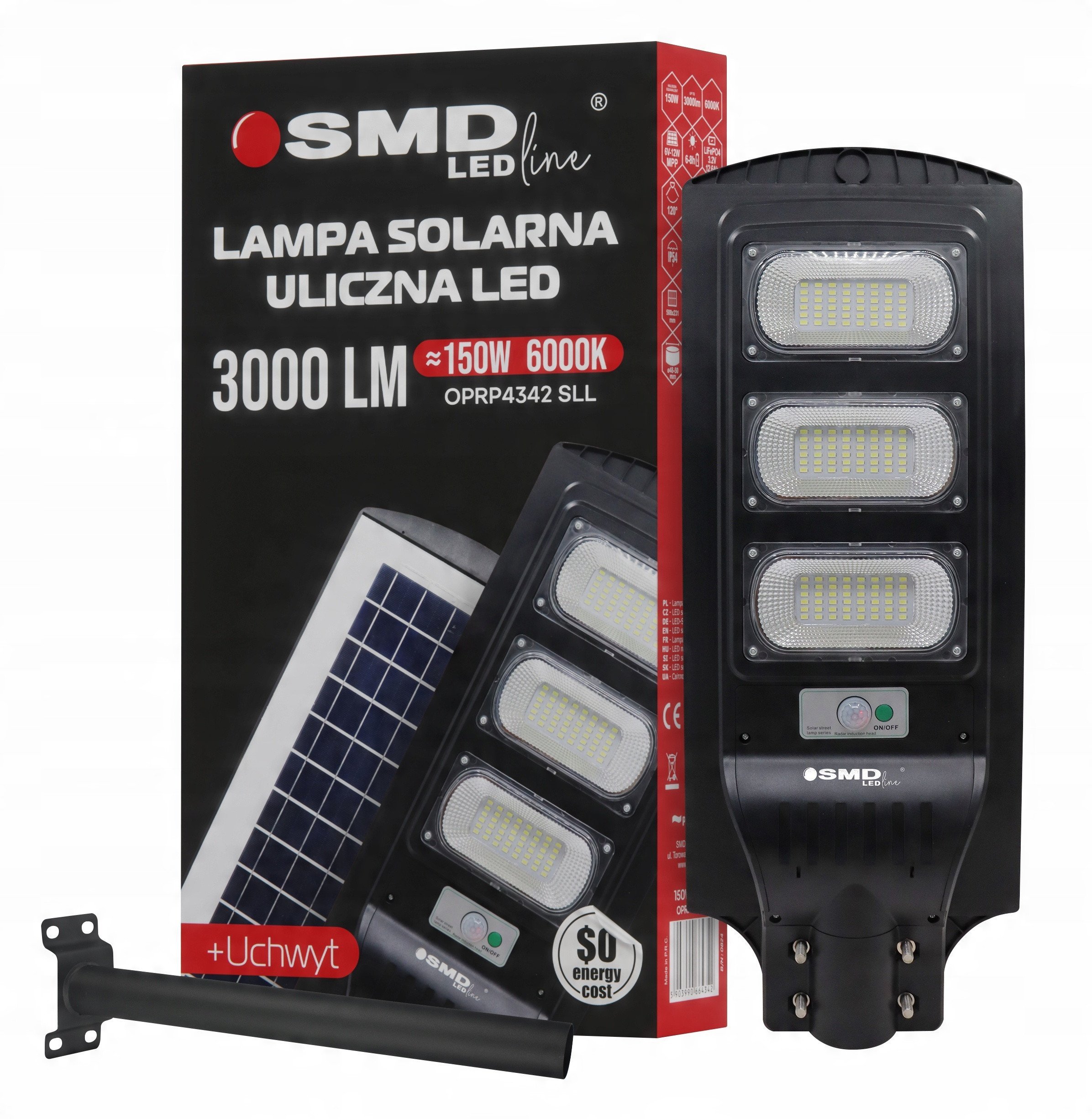 LAMPA LED ULICZNA SOLARNA 150W 12.6AH 6000K 3000LM + UCHWYT