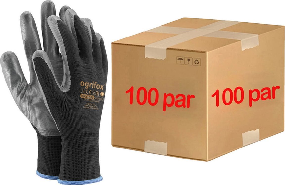 Ogrifox Rękawice robocze / Czarne / OX-NITRICAR_BS - 100 Par (10 - XL)