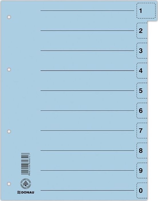 Donau Przekładka DONAU, karton, A4, 235x300mm, 0-9, 1 karta z perforacją, niebieska