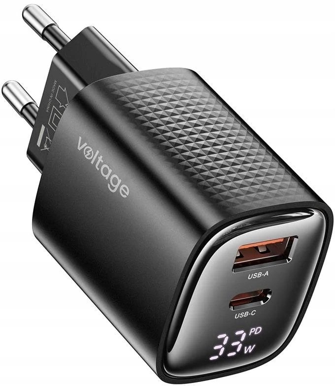 Ładowarka voltage Ładowarka sieciowa GaN Charger Mini 33W PD 3.0 QC 3.0 USB-A USB-C Digital Display czarna