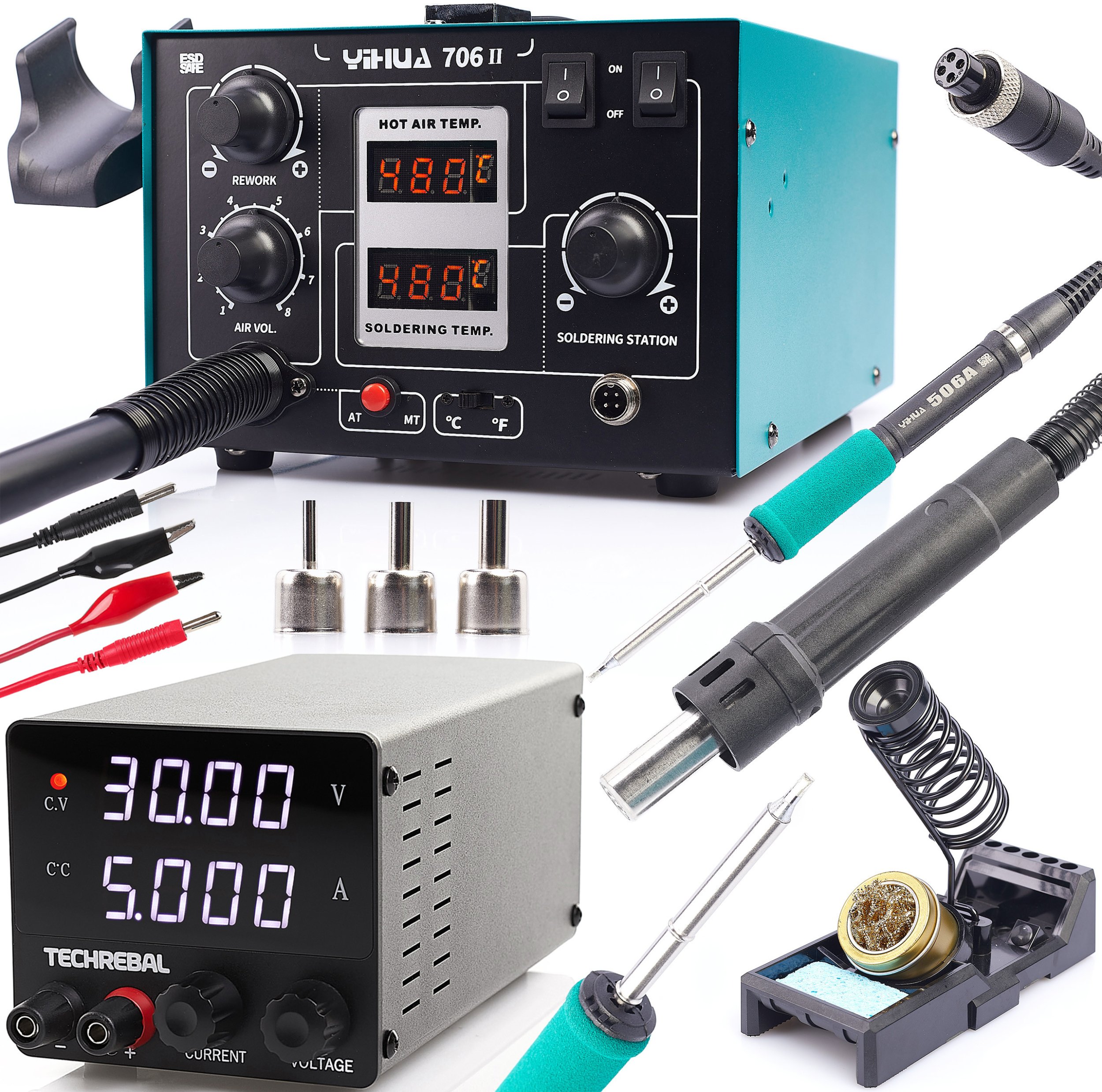 Profesjonalna Stacja Lutownicza 2w1 Yihua 706 II + Zasilacz Sieciowy 30V 5A