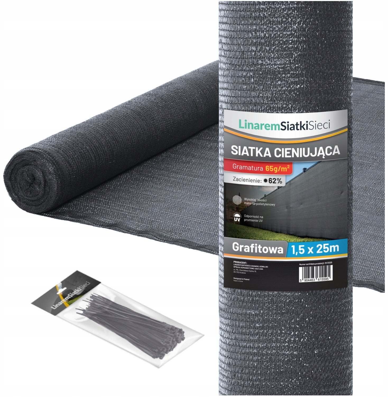 SIATKA CIENIUJĄCA 62% MASKUJĄCA 1,5x25m OSŁONA NA PŁOT OGRODZENIE GRAFITOWA +UV