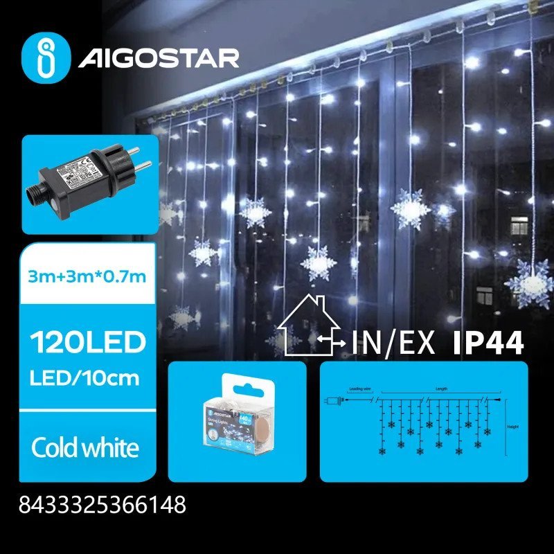 Dekoracja świąteczna Aigostar Niskonapięciowe lampki sople 100led płatki śniegu zimne 3m Niskonapięciowe lampki sople 100led płatki śniegu zimne 3m