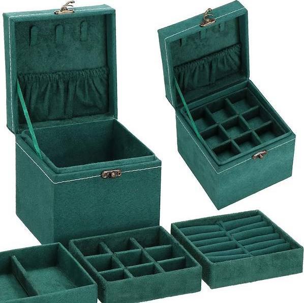 Springos Szkatułka na biżuterię 12x12x12 cm zielony welurowy organizer z przegródkami UNIWERSALNY