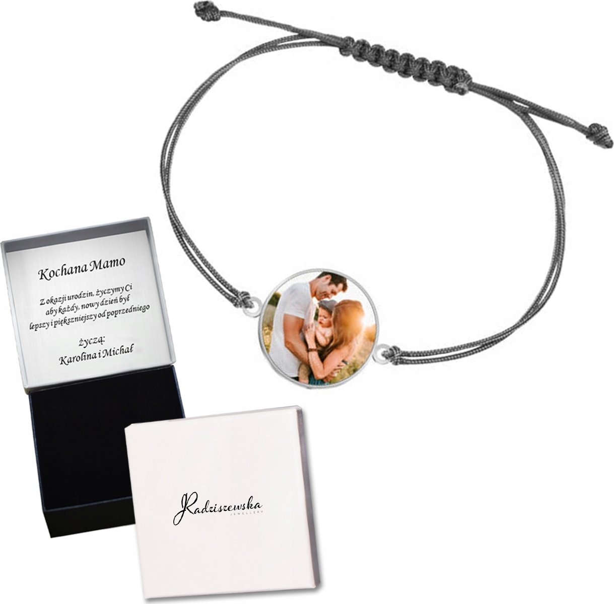 Radziszewska Jewellery BRANSOLETKA ZE ZDJĘCIEM PERSONALIZACJA SREBRO 925 SZNUREK GRAWER PREZENT