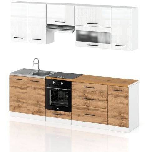 Meble Kuchenne Zestaw Kuchenny Marocco Modułowy 2.6m Biały Połysk Dąb Wotan