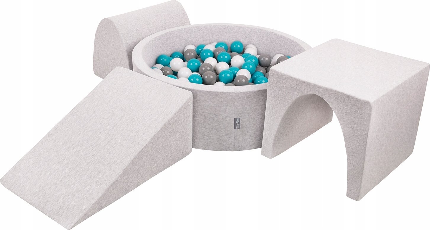 KiddyMoon Piankowy plac zabaw PPZP-OK30D-124 z piłeczkami jasnoszary: szary-biały-turkus basen 300/klin L/górka/tunel Zabawka plac zabaw