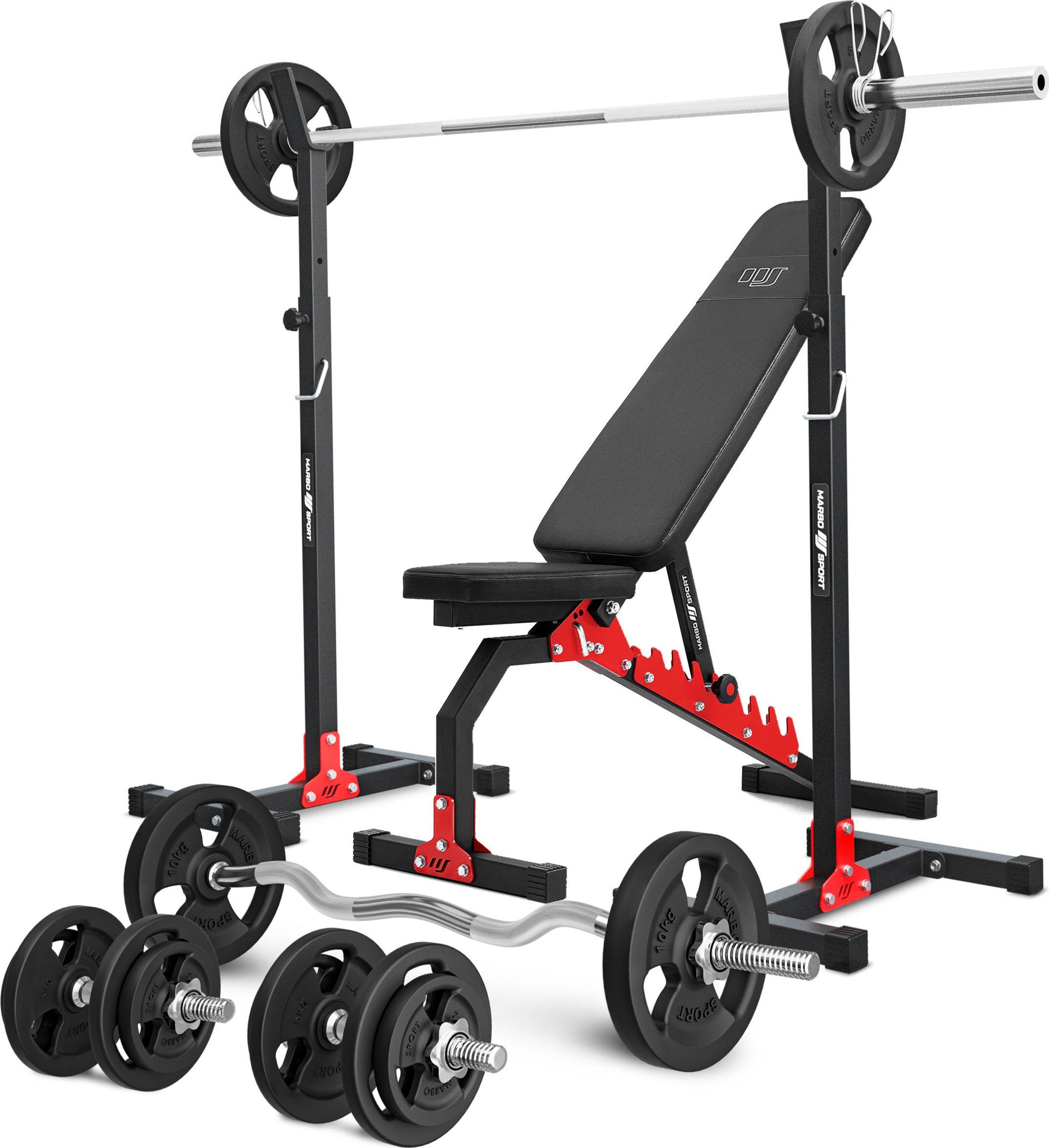 Zestaw MH7_110KG_KIER | Ławka dwustronna + stojaki regulowane + zestaw gryfów i obciążeń - Marbo Sport