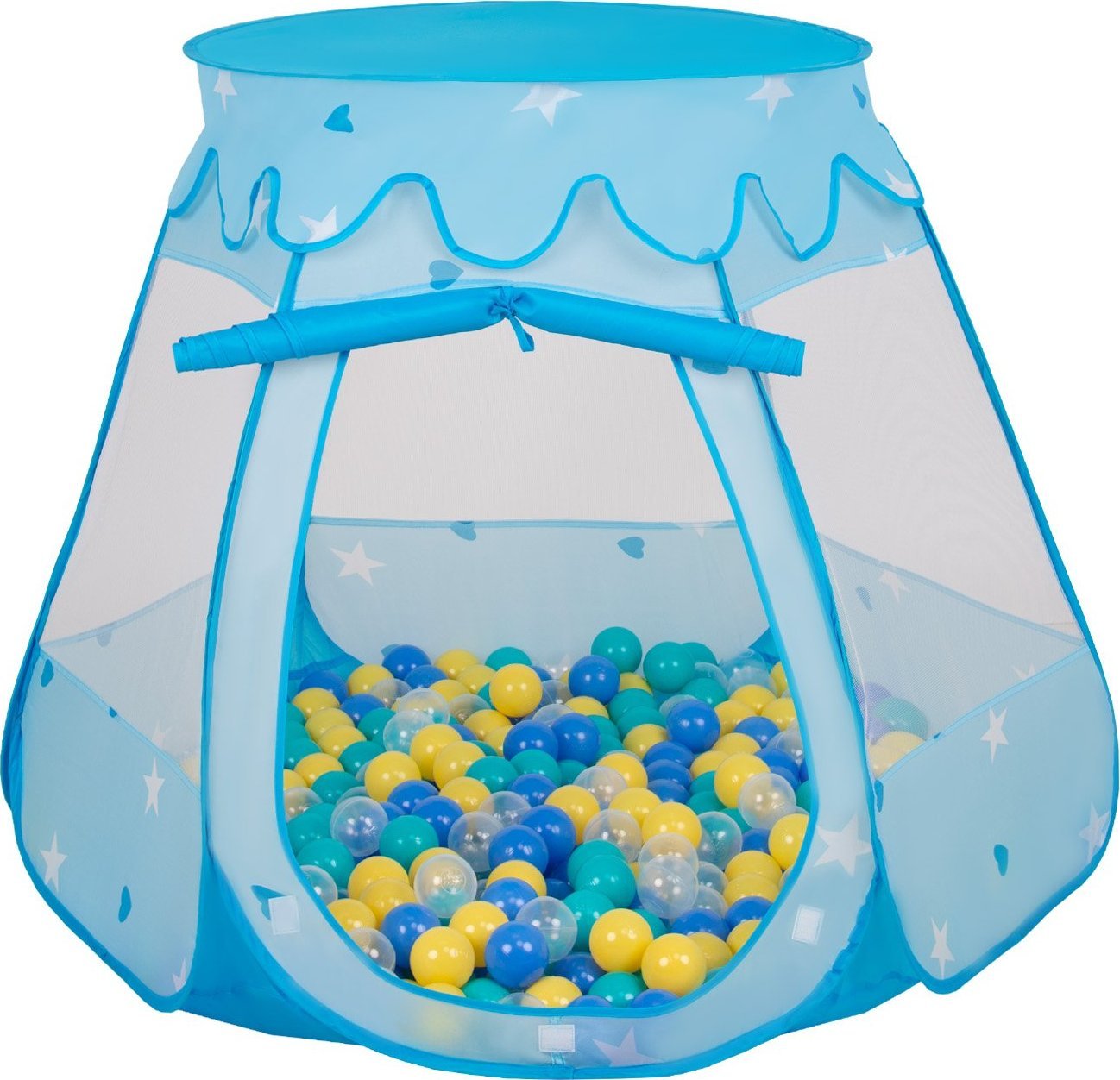 Selonis Namiot zamek NZ-100X z piłeczkami 6cm niebieski: turkus-niebieski-żółty-transparent 105x90cm/200piłek Zabawka namiot dla dzieci