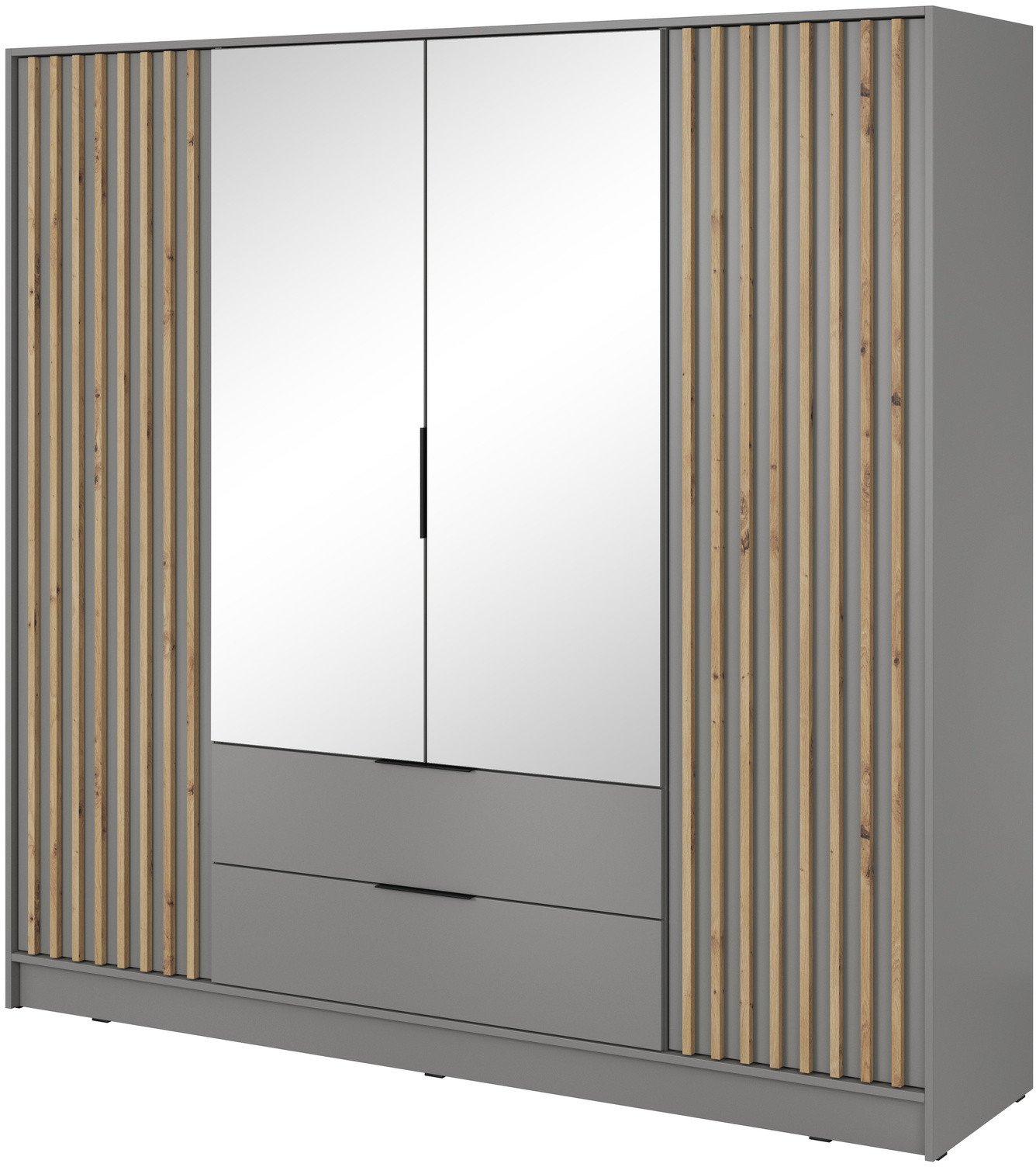 Szafa Stilo w kolorze szarym czterodrzwiowa z lustrem i lamelami na froncie