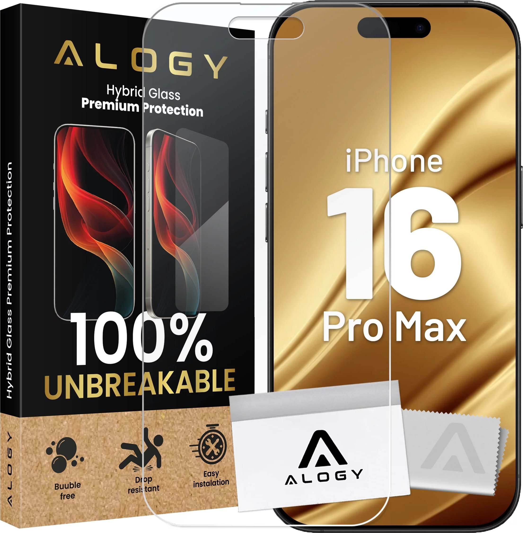 Szkło "NIETŁUKĄCE" do Apple iPhone 16 Pro Max hybrydowe Alogy Flexi Full Glass 9H płaskie na cały ekran