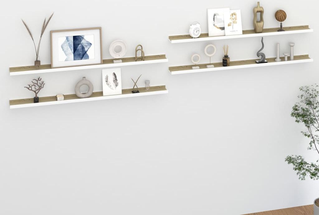 vidaXL Półki ścienne, 4 szt., biel i dąb sonoma, 115x9x3 cm