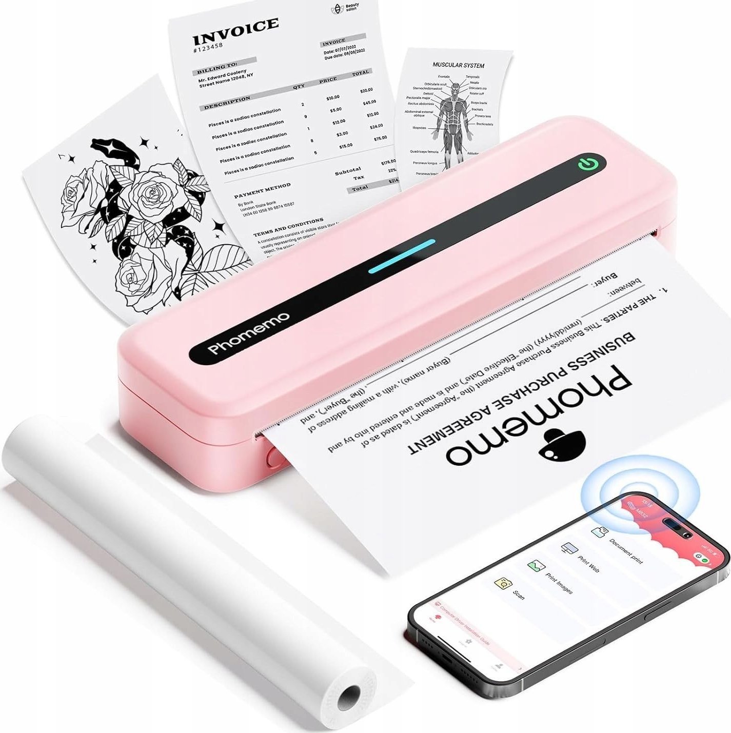 Drukarka etykiet Phomemo Przenośna Drukarka Termiczna Naklejki 300dpi A4 216/110/80/53 / Phomemo / M832 / Różowy