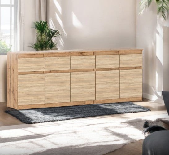 Komoda Drewniana Nowoczesna Młodzieżowa 5 Szuflad 200cm Dąb Wotan Sonoma