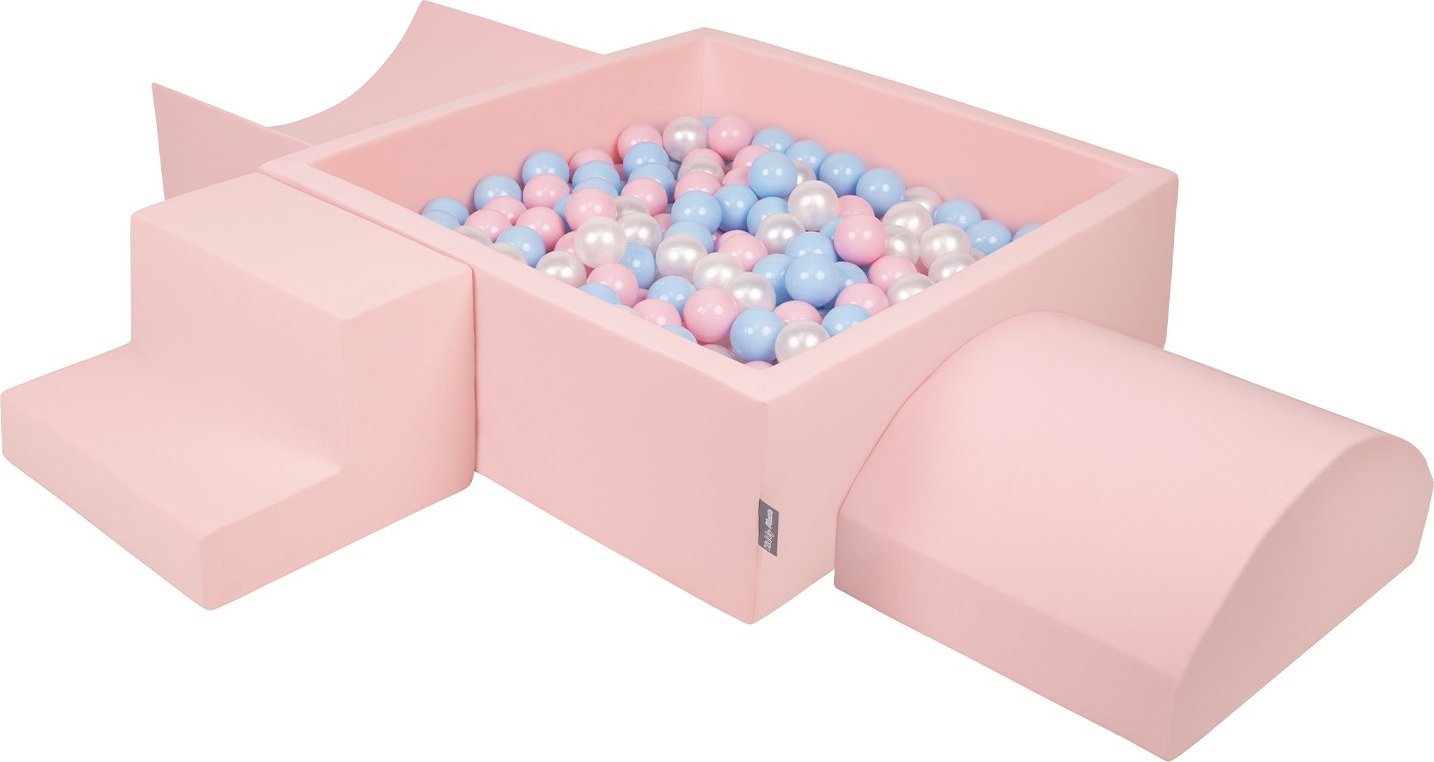 KiddyMoon KiddyMoon Piankowy plac zabaw PPZP-KW30D-134 z piłeczkami różowy: babyblue-pudrowy róż-perła basen 200/rampa L/półwałek L/schodek Zabawka pl