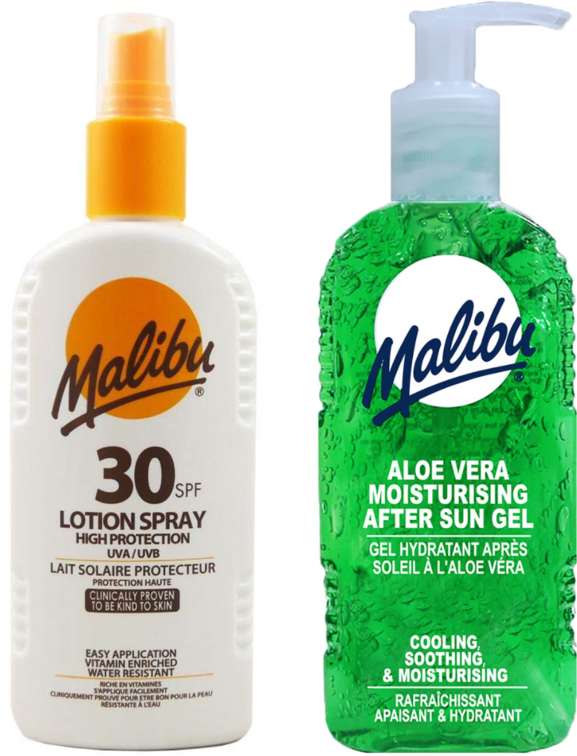 Malibu SPF30 Wodoodporny Spray 200ml + Aloe Żel Po Opalaniu 200ml