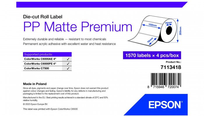 epson PP MATTE LABEL PREM DIE-CUT/ROLL 102X76MM 1570 LABELS