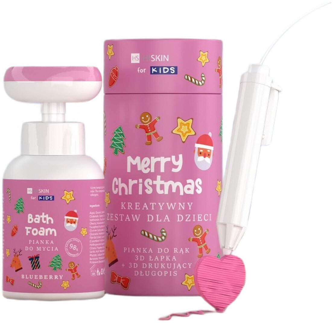 HiSkin Kids Merry Christmas kreatywny Zestaw dla dzieci różowy pianka do mycia rąk jagodowy 300ml + długopis 3d 1szt