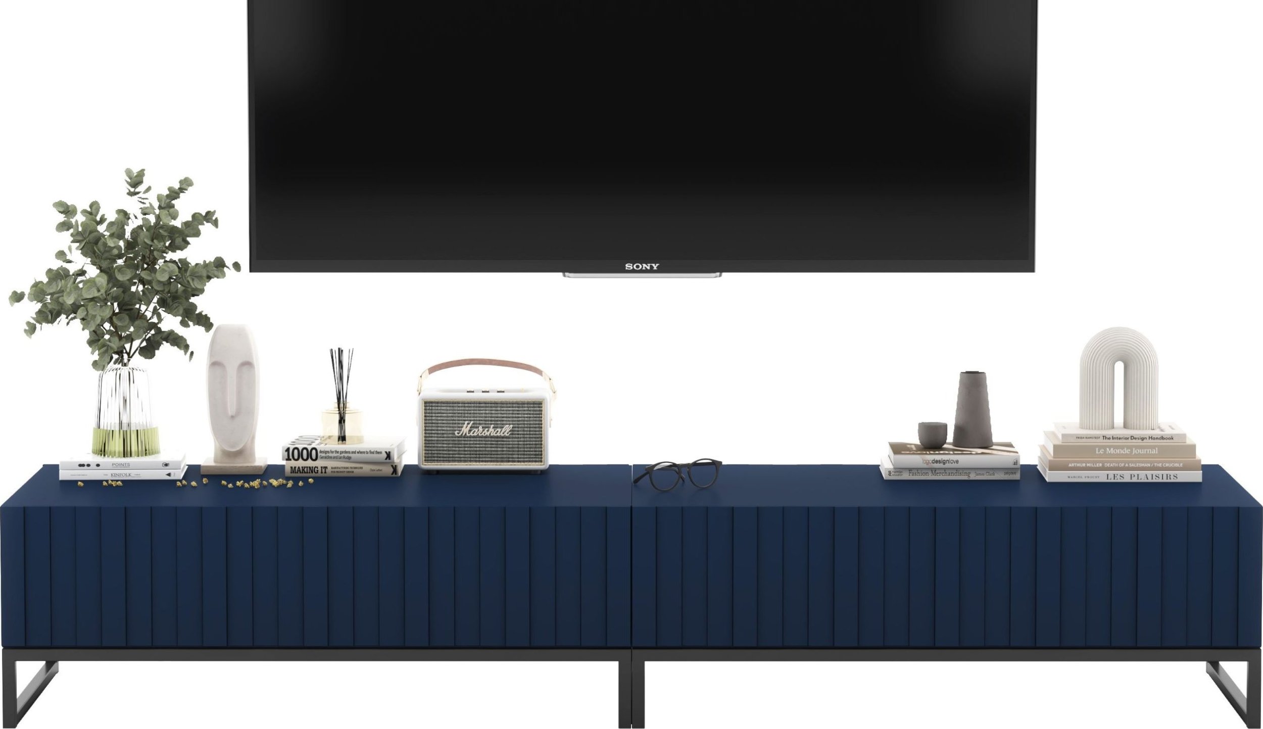 Meble Lindner Meble Lindner Szafka RTV Glamour Komoda RTV Meble Lindner Stolik Granatowy Mat Ryflowane Fronty 220 cm Czarna Rama Loft