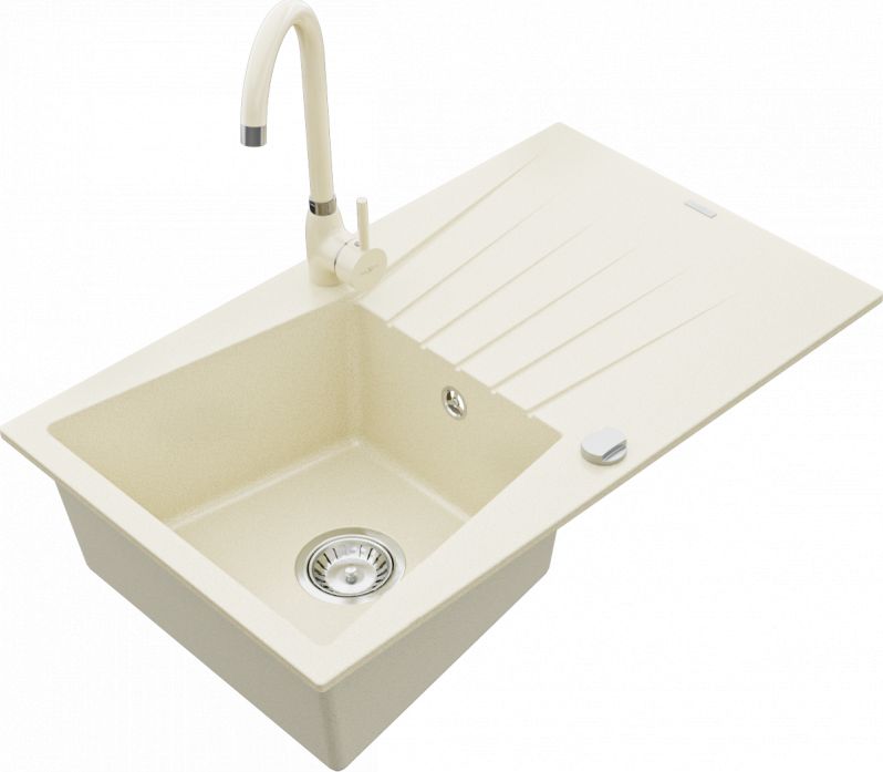 Zlewozmywak Mexen Cesar granitowy 1-komorowy z ociekaczem i baterią kuchenną Telma, beżowy - 6514-69-670200-69