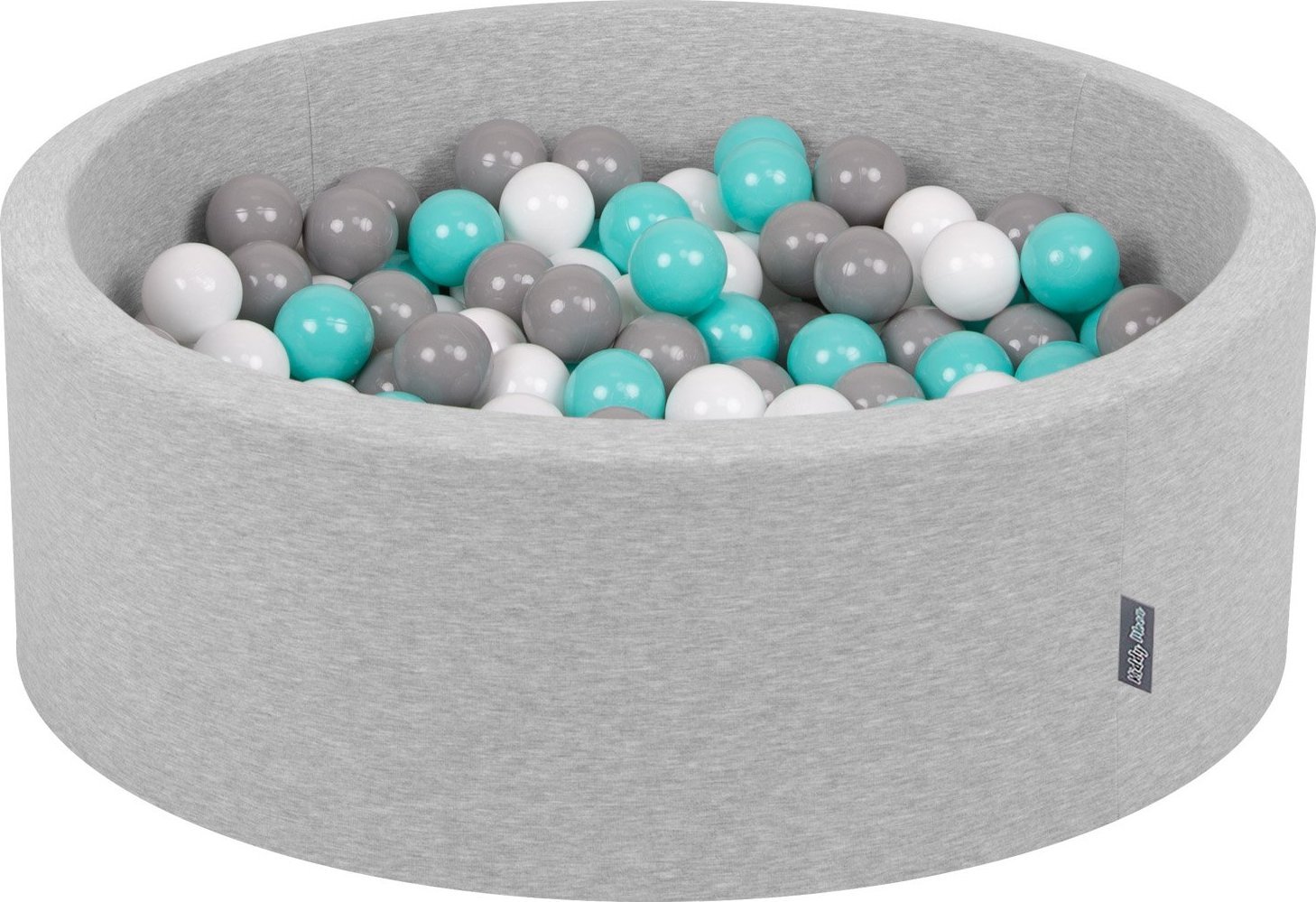 KiddyMoon KiddyMoon Suchy basen okrągły z piłeczkami 7cm jasnoszary: biały-szary-jasny turkus 90x30cm/300piłek Zabawka basen piankowy
