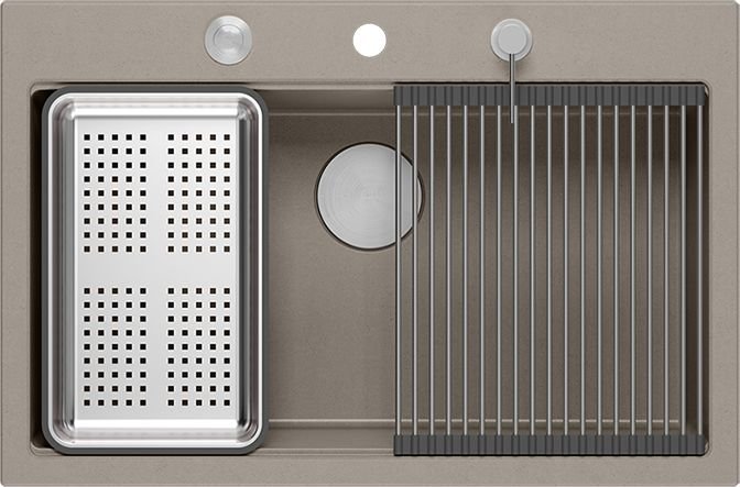 Zlewozmywak GraniteQ Zlewozmywak granitowy MARC 1-komorowy 76x50 cm szarobeżowy/soft taupe + elementy stal szlachetna