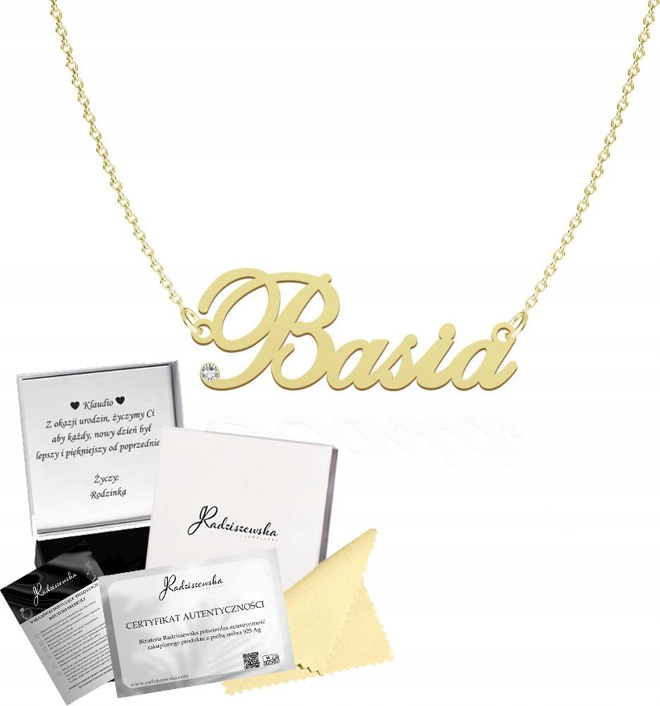 Radziszewska Jewellery Złoty Naszyjnik z imieniem BASIA Łańcuszek SREBRO 925 Prezent ŻYCZENIA