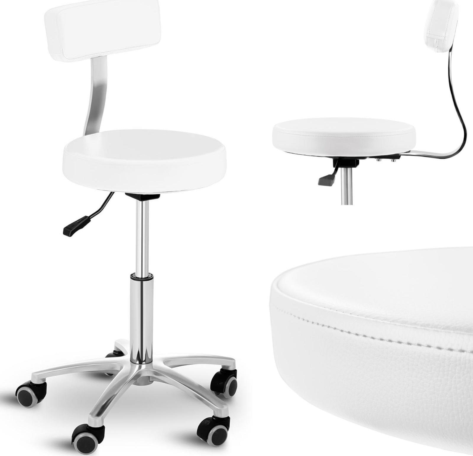 Physa Krzesło taboret hoker kosmetyczny z oparciem na kółkach do 150 kg TERNI biały Krzesło taboret hoker kosmetyczny z oparciem na kółkach do 150 kg