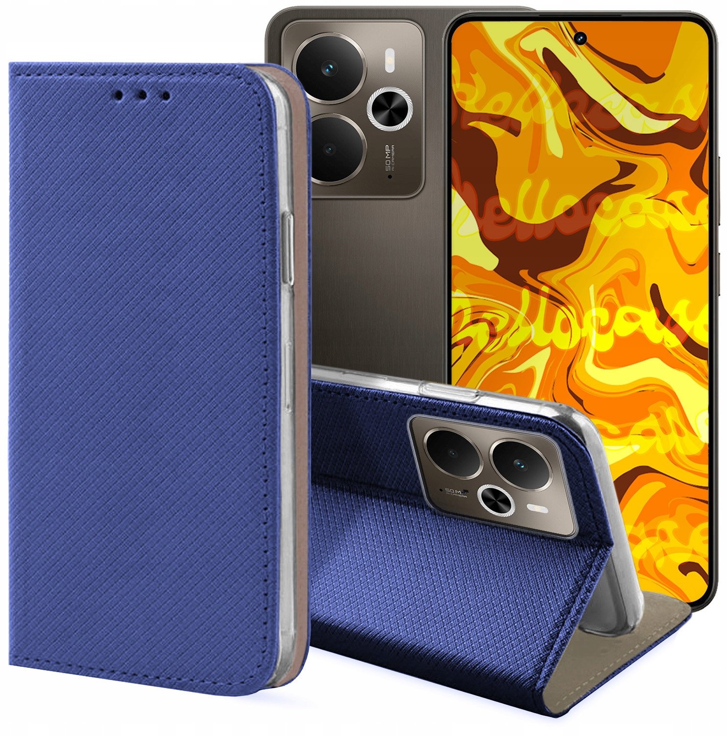 ETUI Z KLAPKĄ DO REALME 14 5G / 14T 5G GRANATOWE ZAMYKANE MAGNETYCZNE CASE