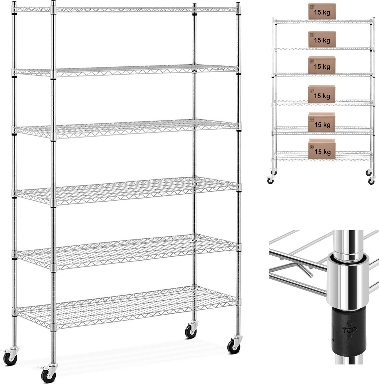 Royal Catering Regał magazynowy druciany ażurowy na kółkach 6 półek do 90 kg 120x45x189 cm Regał magazynowy druciany ażurowy na kółkach 6 półek do 90