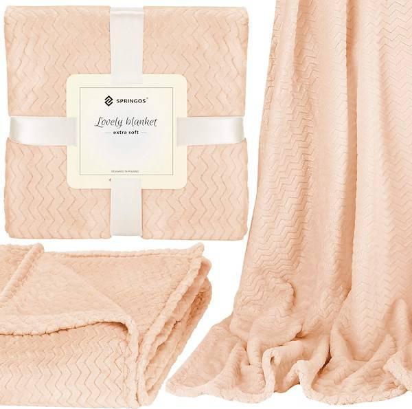 Springos Narzuta na łóżko, pled 70x160cm tłoczony, dwustronny koc na kanapę brzoskwiniowy UNIWERSALNY