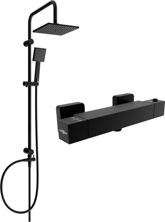 Zestaw prysznicowy Mexen Mexen Tord zestaw prysznicowy natynkowy z deszczownicą i baterią prysznicową termostatyczną Cube, czarny - 77200200-70