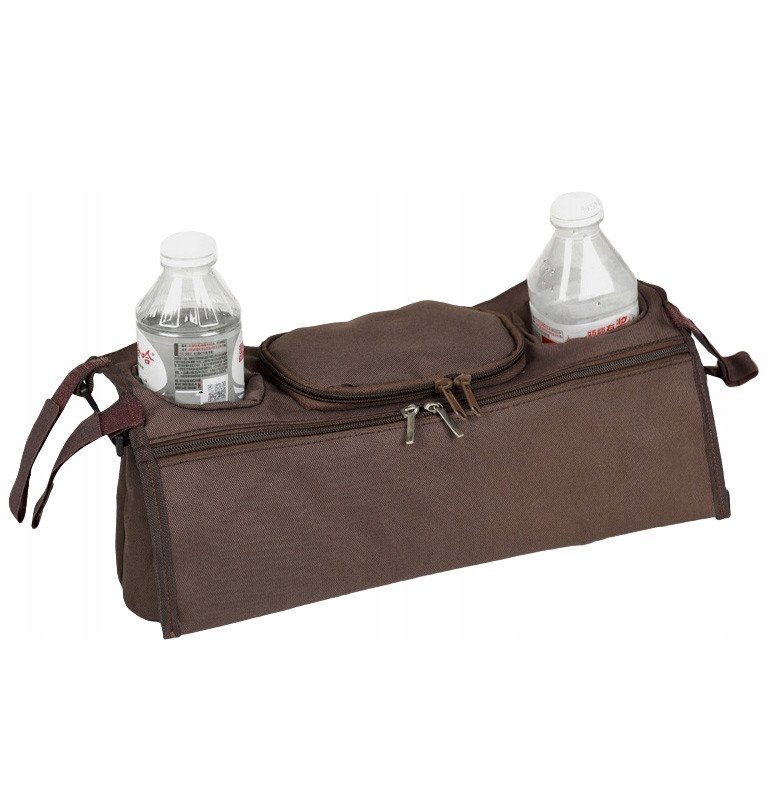 Uchwyt ORGANIZER do WÓZKA DZIECIĘCEGO Butelki TORBA Podwójny SZEROKI Brąz