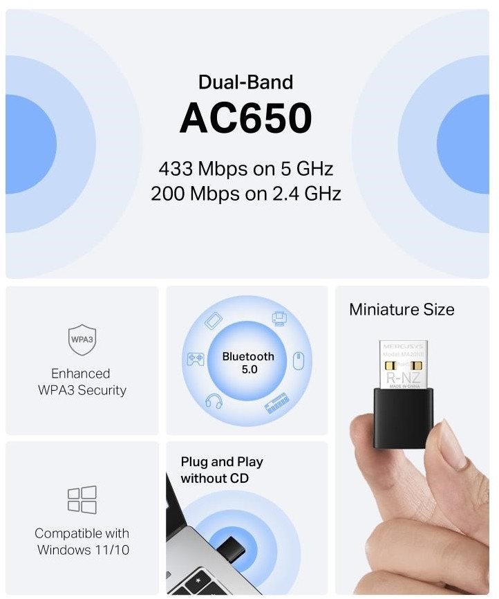 MERCUSYS MA20NB WiFi5 USB nano adapter (AC650,2,4GHz/5GHz,Bluetooth5.0,USB2.0)